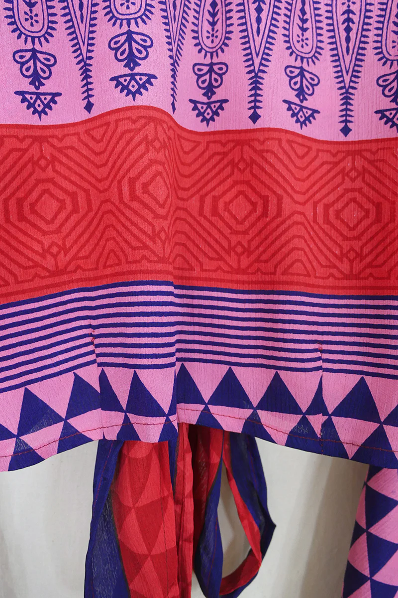 Gemini Wrap Top - Candy Pink & Navy Paisley - Vintage Sari - Size XS - Image 5
