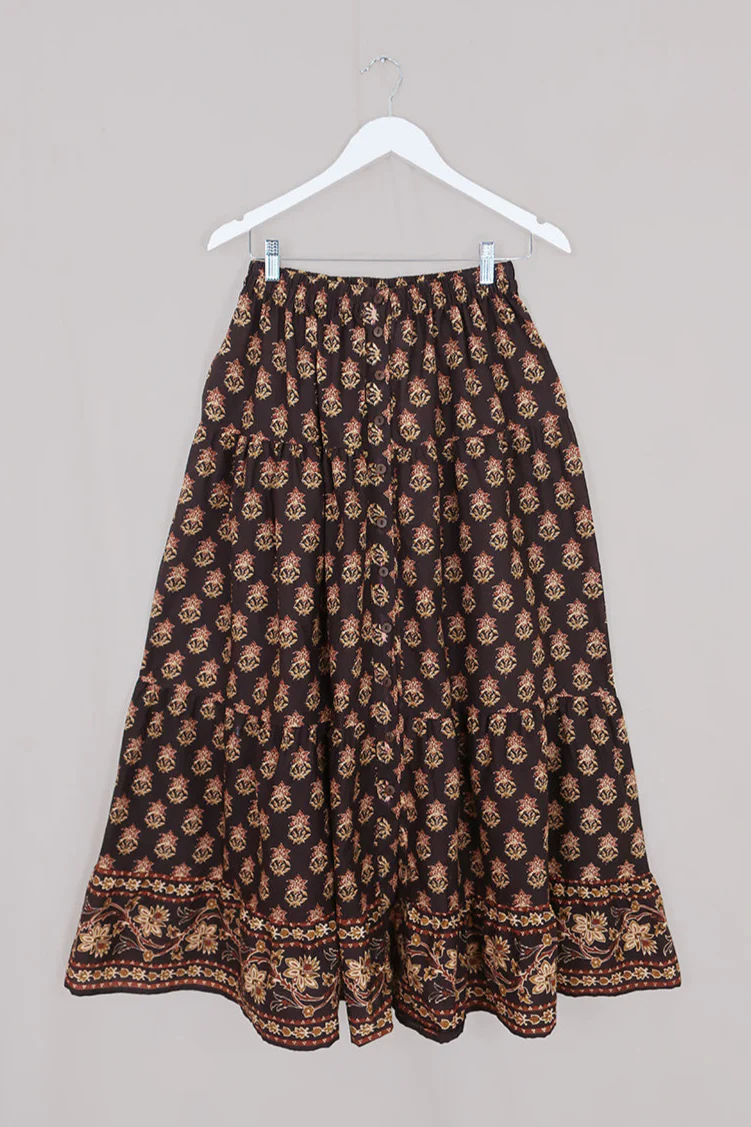 Georgie Button Up Skirt in Saddle Brown Block Print Floral - Image 2