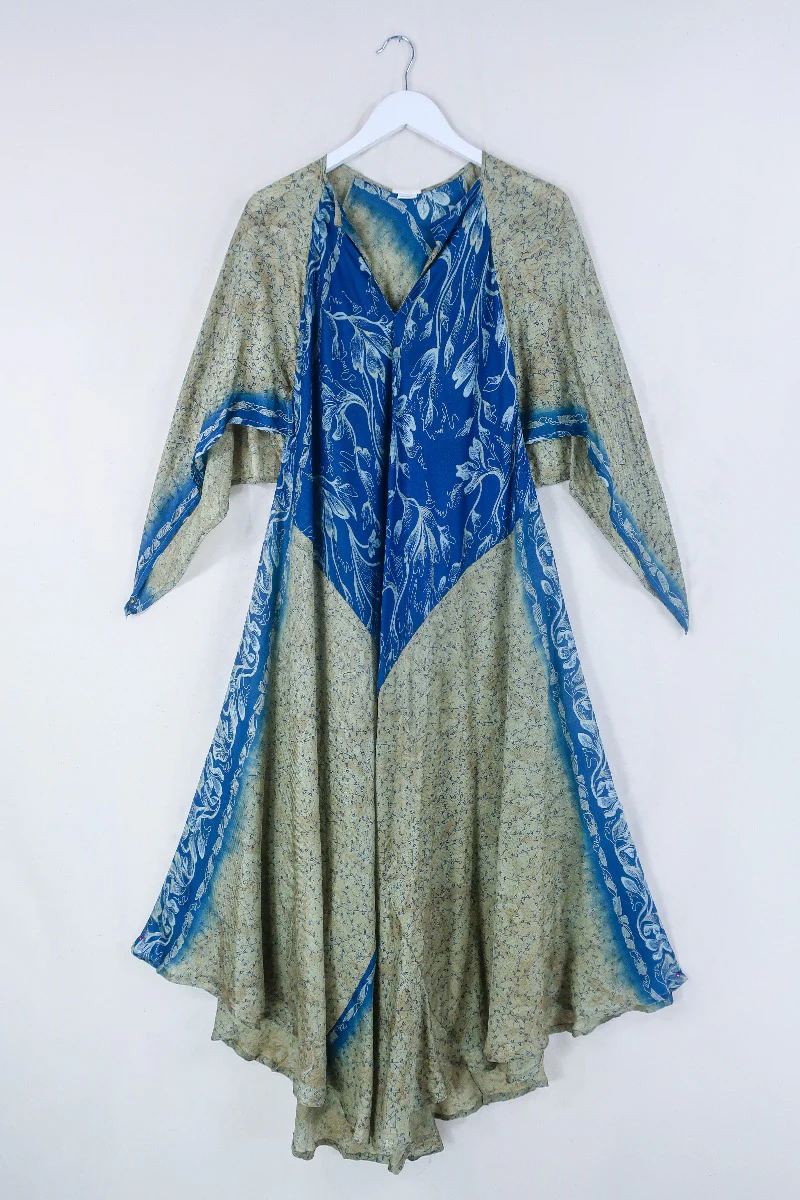 Goddess Dress - Antique Gold & Denim Blue Floral - Indian Pure Silk Sari - Free Size