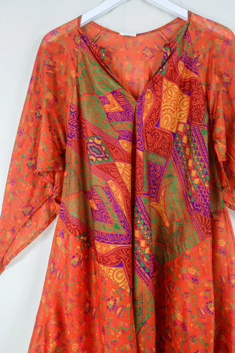 Goddess Dress - Mango and Clementine Parade - Indian Pure Silk Sari - Free Size - Image 2
