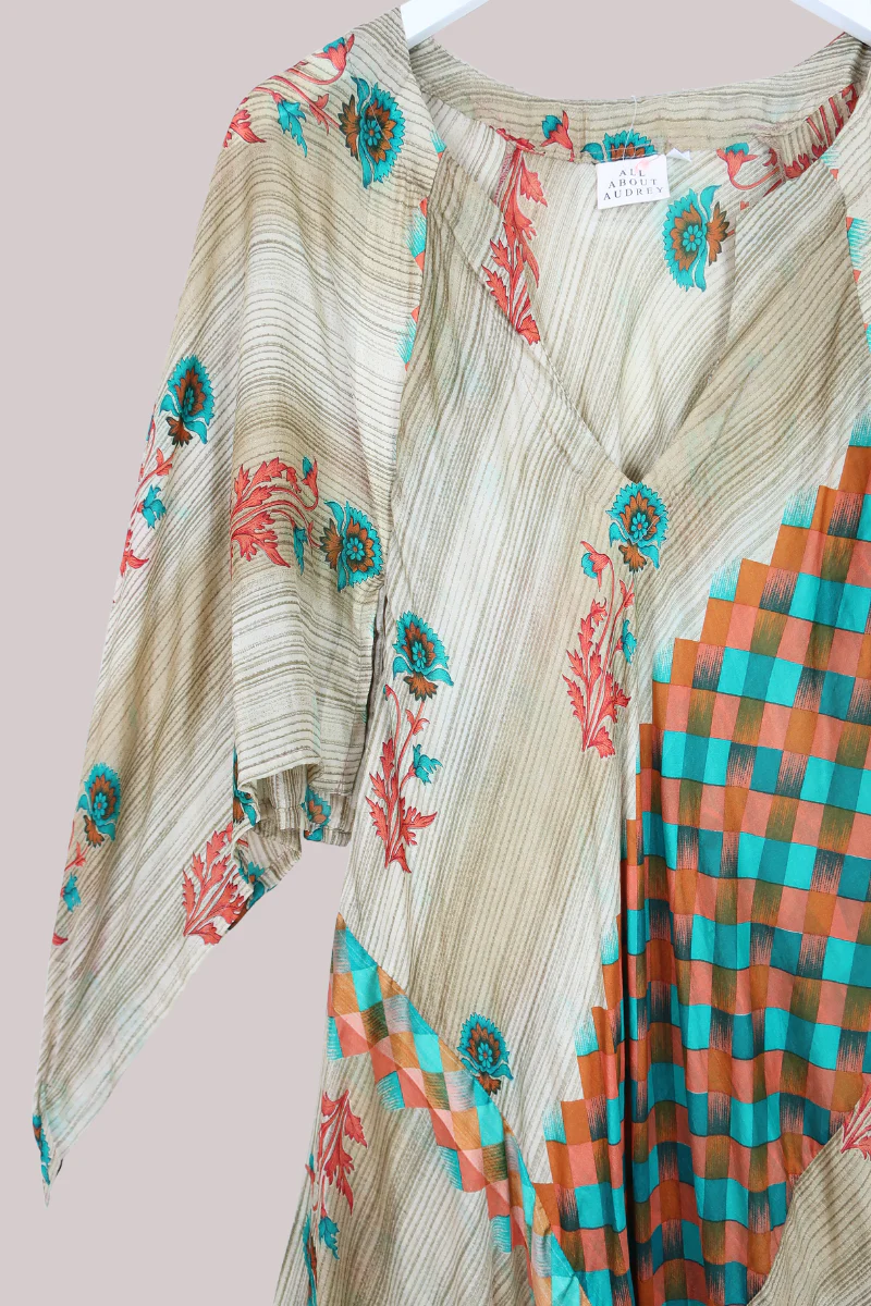 Goddess Pure Silk Dress - Oat Abstract Flowers - Size M/L - Image 2