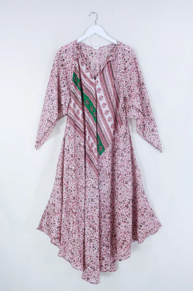 Goddess Dress - Powder Pink & Emerald Regal Floral - Indian Pure Silk Sari - Free Size