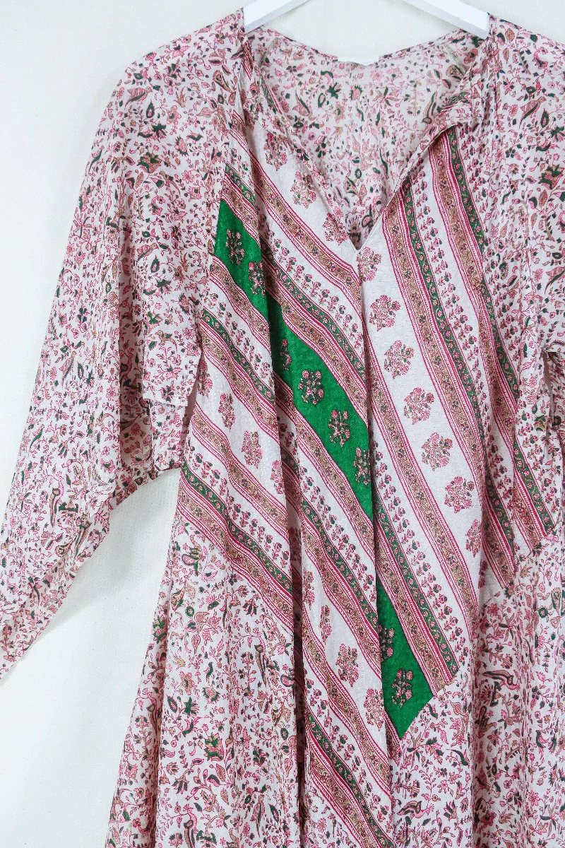 Goddess Dress - Powder Pink & Emerald Regal Floral - Indian Pure Silk Sari - Free Size - Image 2