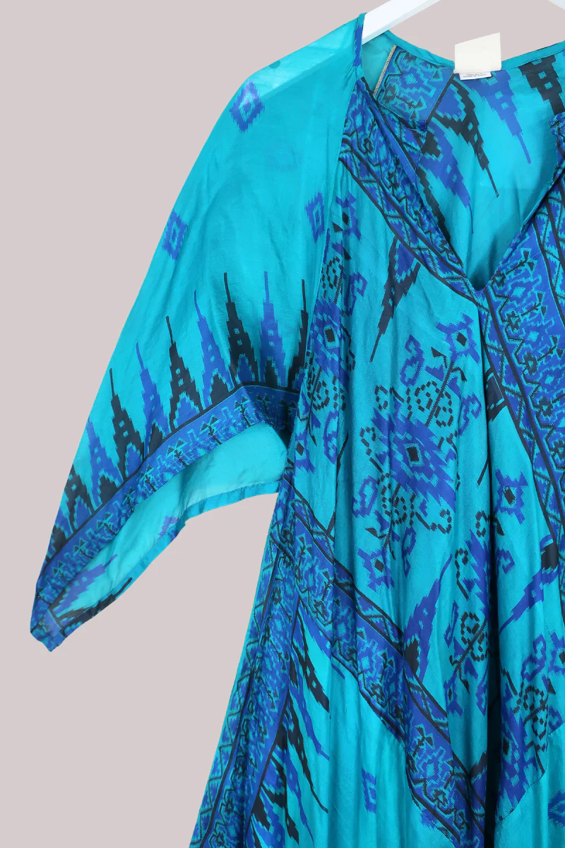 Goddess Pure Silk Dress - Teal Abstract Print - Size XL/XXL - Image 2