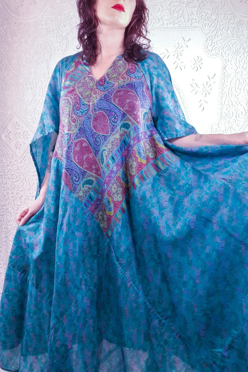 Goddess Dress - Tropical Teal Abstract Paisley - Vintage Pure Silk Mix - XS - M/L - Image 3