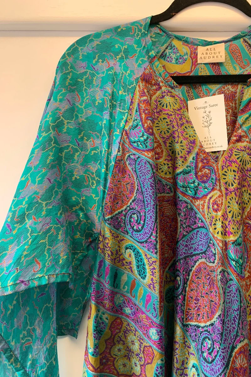 Goddess Dress - Tropical Teal Abstract Paisley - Vintage Pure Silk Mix - XS - M/L - Image 4