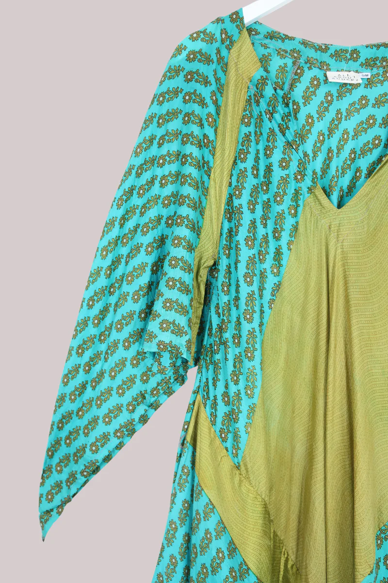 Goddess Pure Silk Dress - Turquoise & Brass Floral - Size L - Image 2