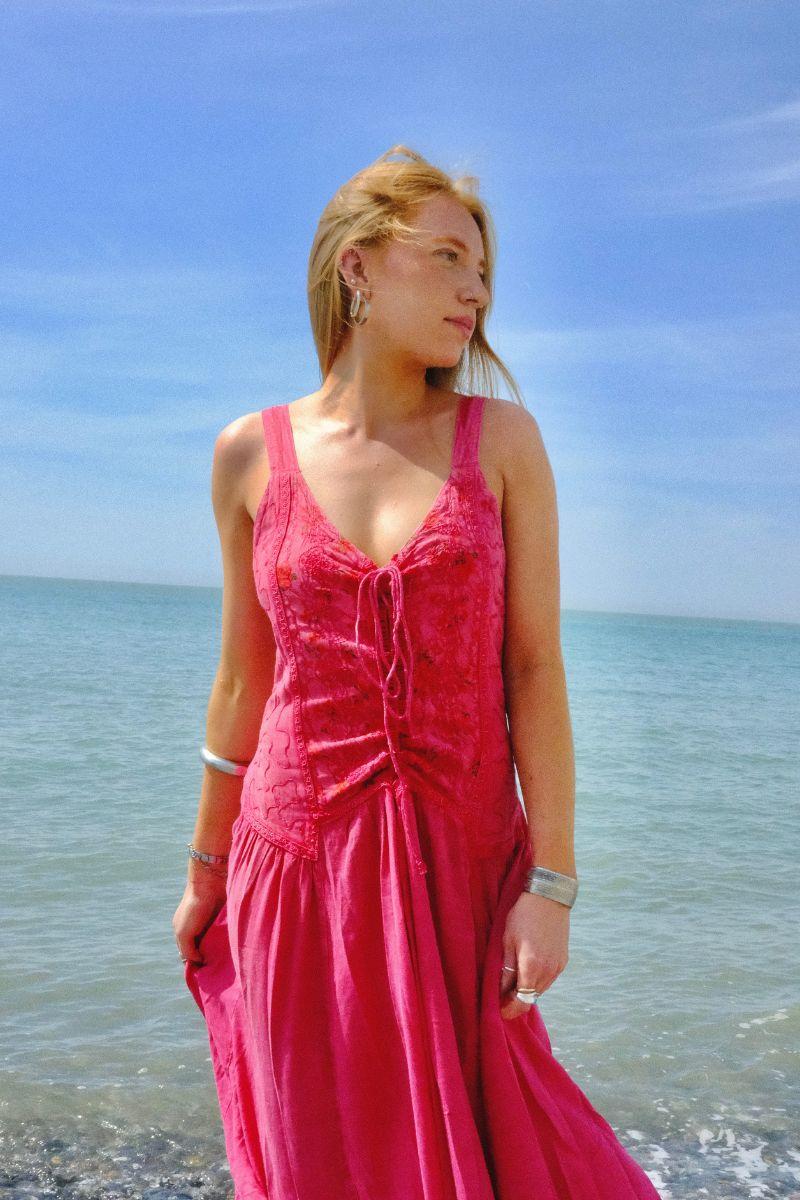 Embroidered Corset Maxi in Berry Pink Floral - Free Size - Image 3