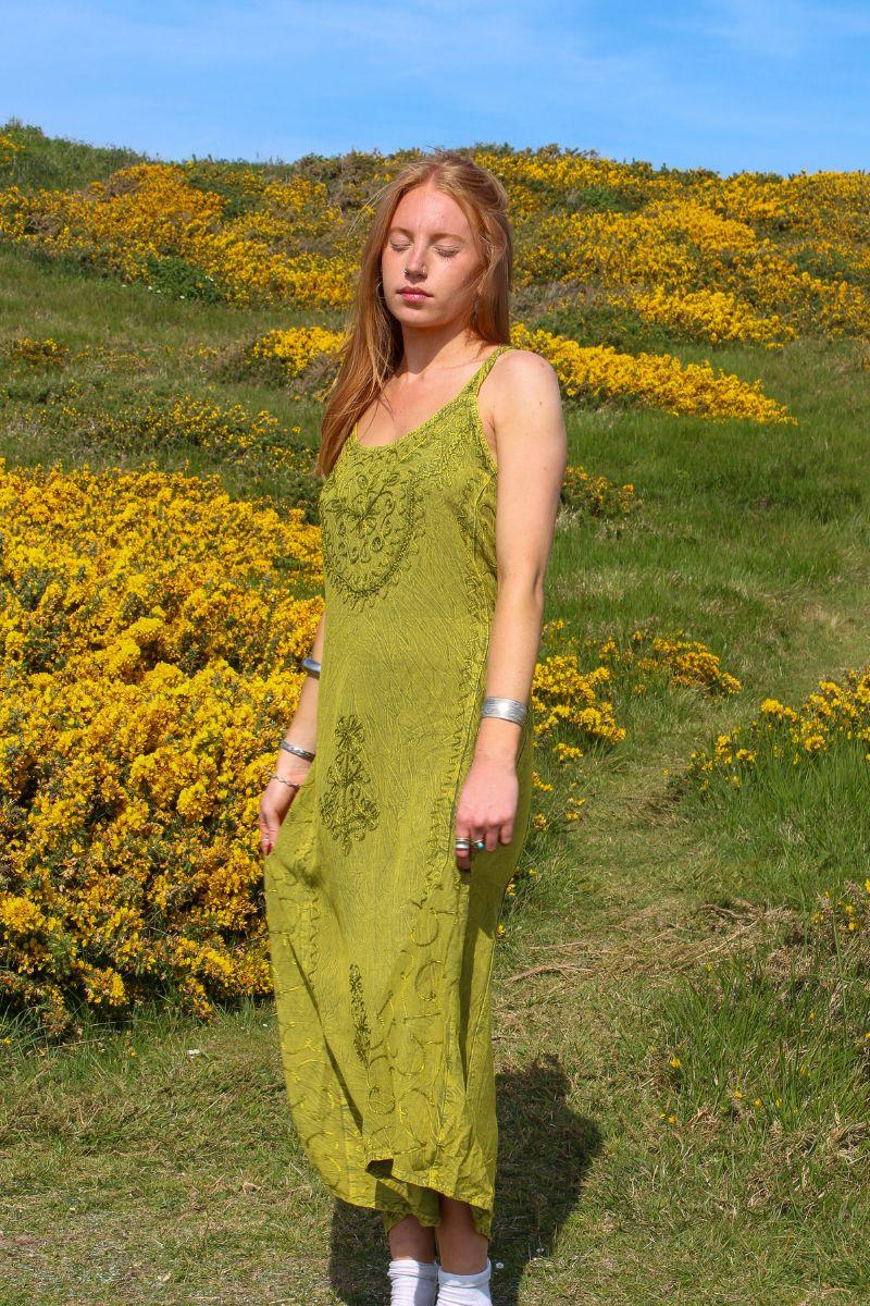 Indian Embroidered Strappy Maxi in Lime Green - Image 3
