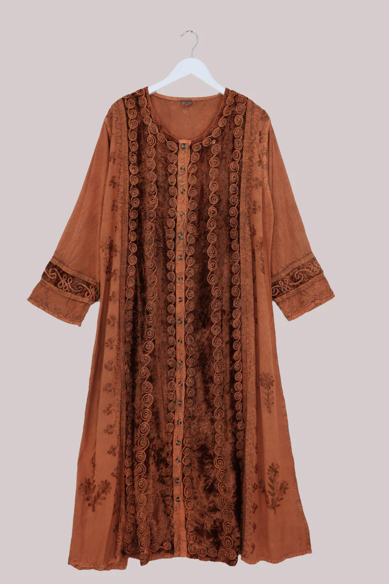 Indian Velvet Embroidered Kaftan in Bitter Orange