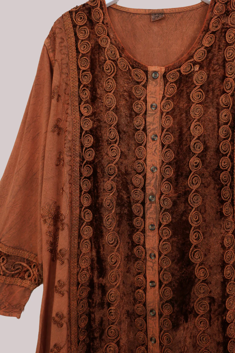 Indian Velvet Embroidered Kaftan in Bitter Orange - Image 2