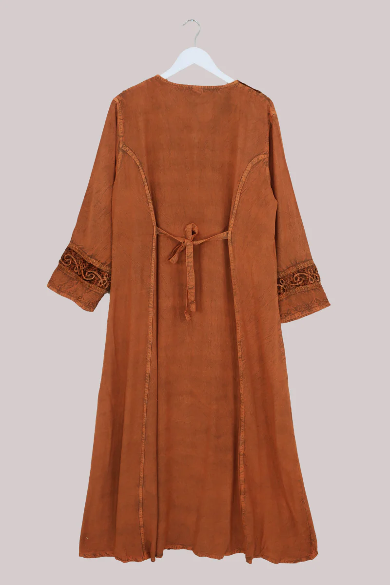 Indian Velvet Embroidered Kaftan in Bitter Orange - Image 3