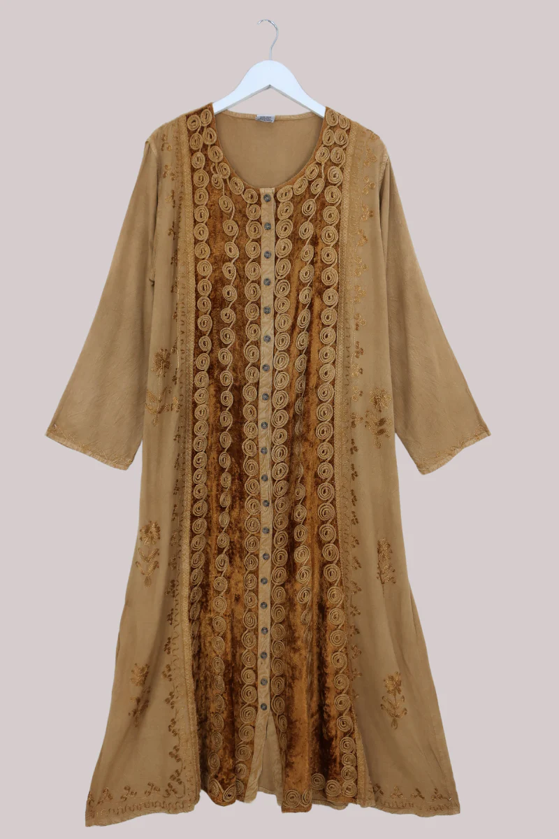 Indian Velvet Embroidered Kaftan in Honey Gold - Image 2