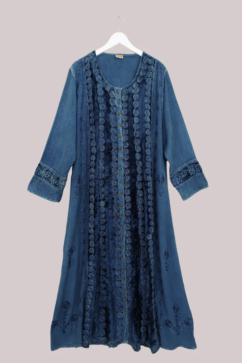 Indian Velvet Embroidered Kaftan in Marine Blue - Image 2