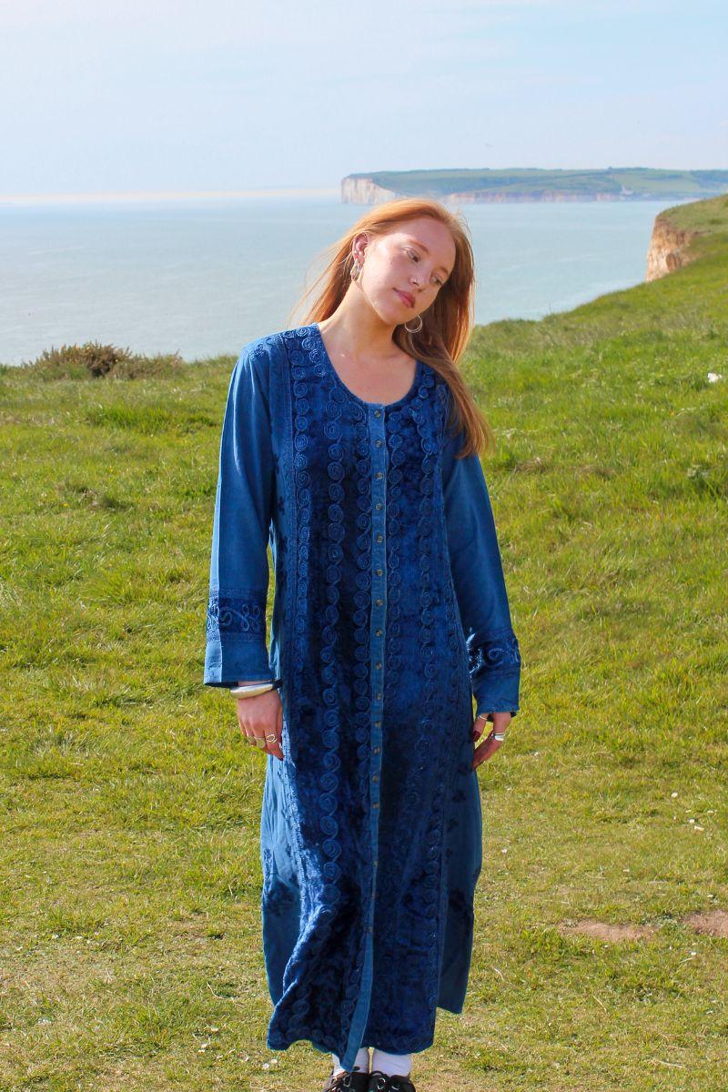 Indian Velvet Embroidered Kaftan in Marine Blue - Image 3