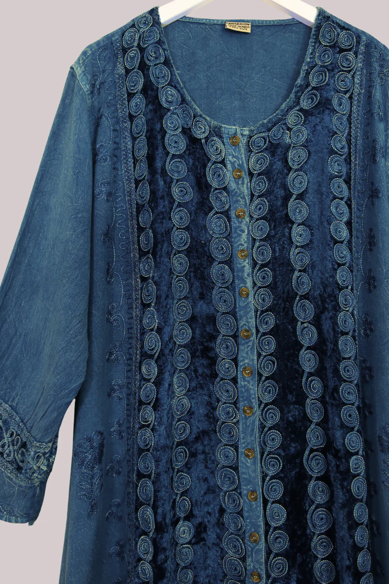 Indian Velvet Embroidered Kaftan in Marine Blue - Image 4
