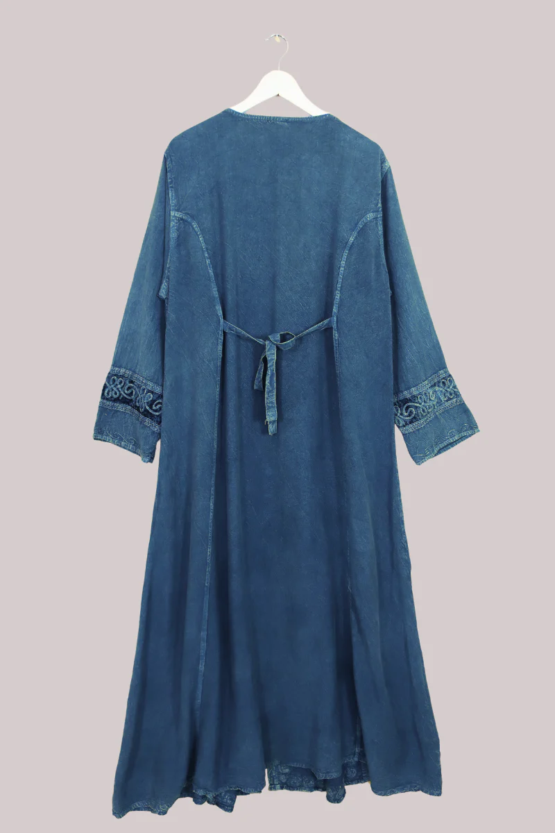 Indian Velvet Embroidered Kaftan in Marine Blue - Image 5