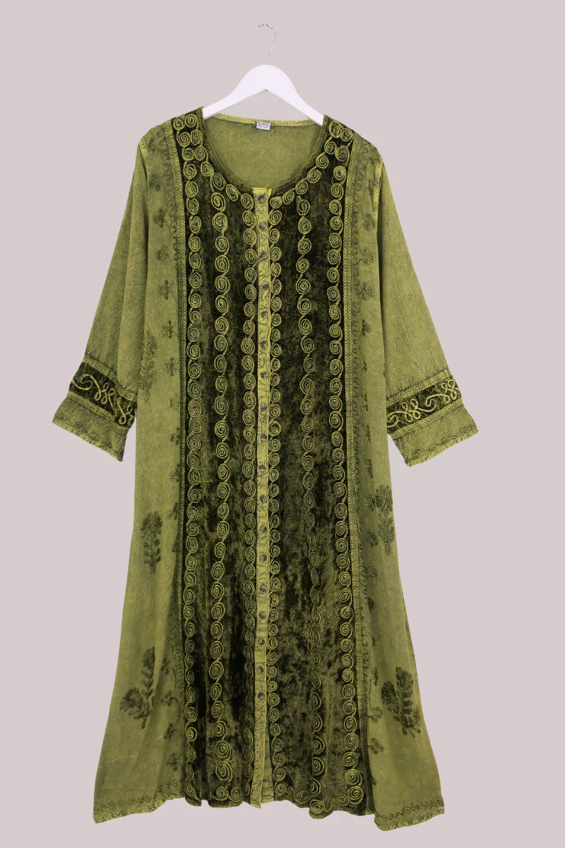 Indian Velvet Embroidered Kaftan in Woodland Moss