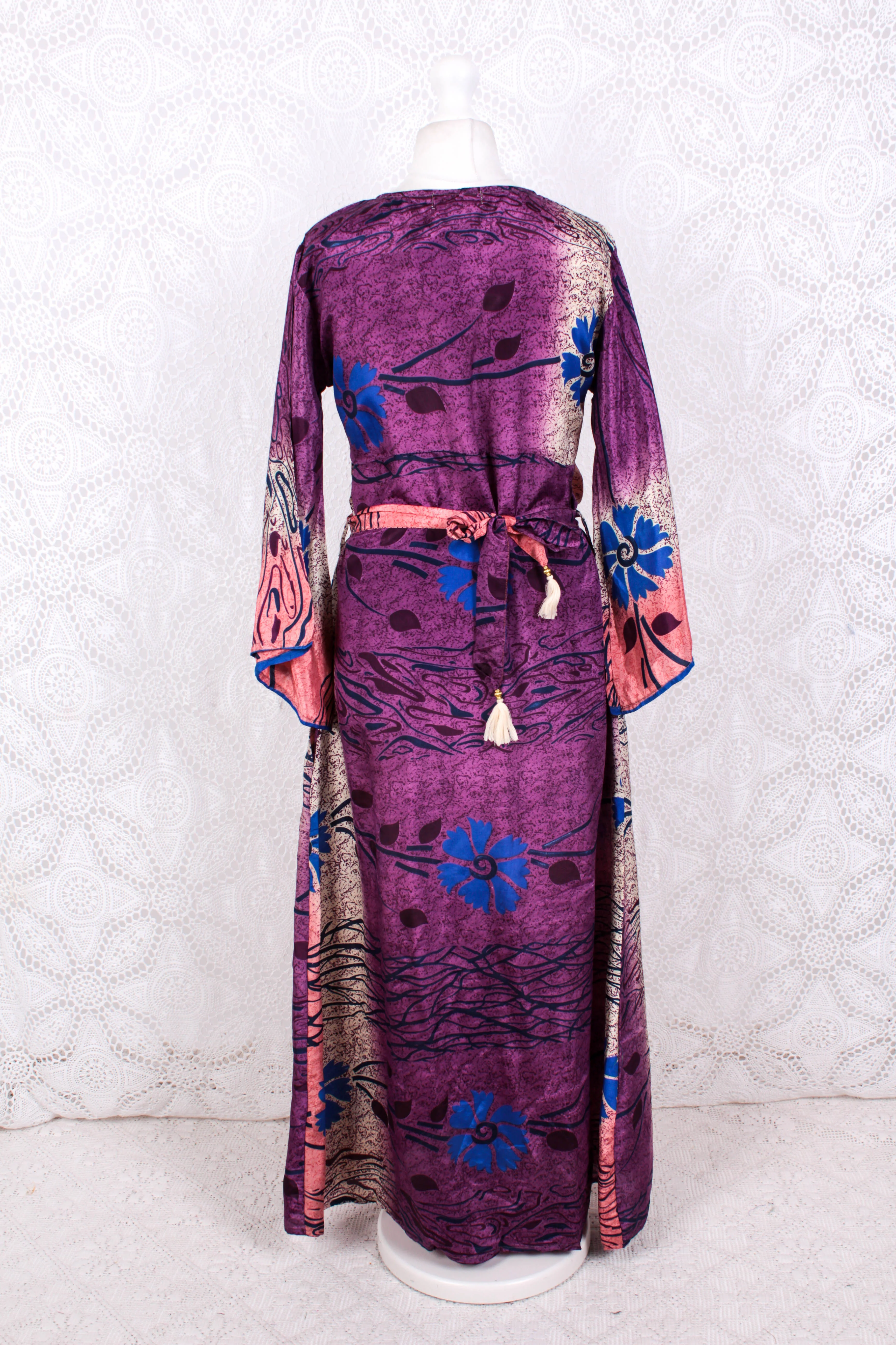 Jasmine Maxi Dress - Plum, Salmon & Azure Floral Ripple Vintage Sari - Size S/M - Image 3