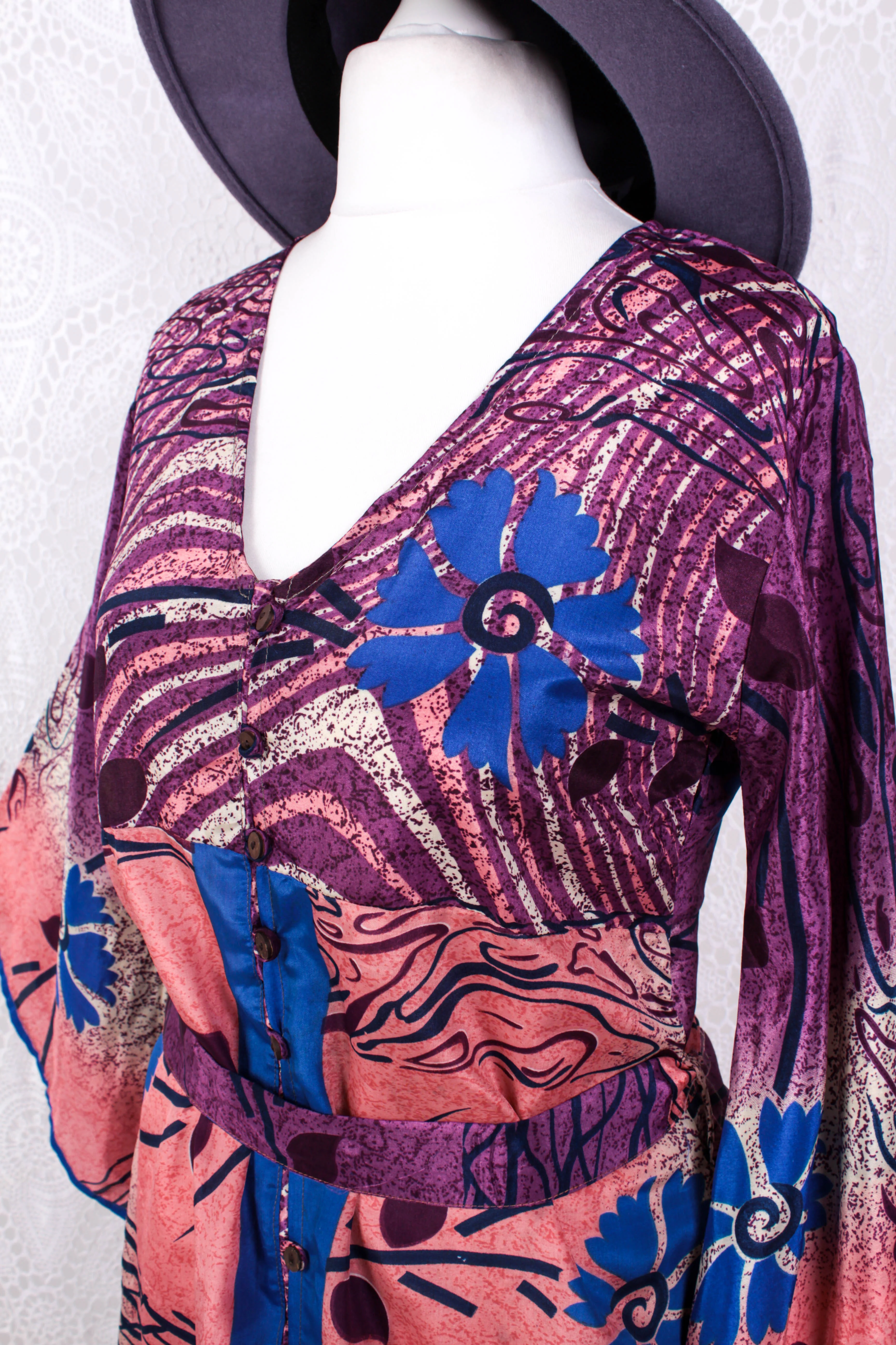 Jasmine Maxi Dress - Plum, Salmon & Azure Floral Ripple Vintage Sari - Size S/M - Image 4