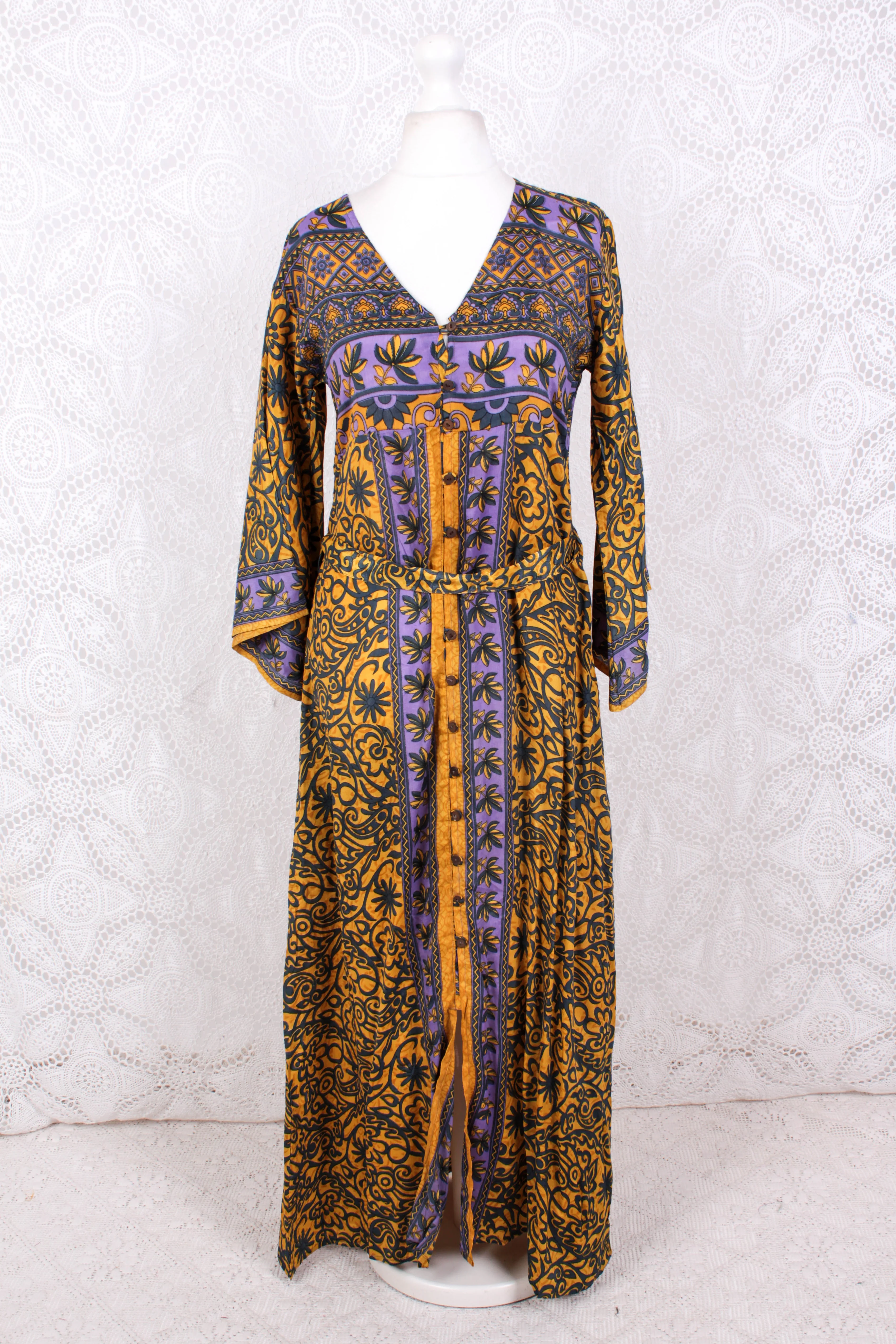 Jasmine Maxi Dress - Lemon & Lavender Flora Nouveau Vintage Sari - Size S/M - Image 2