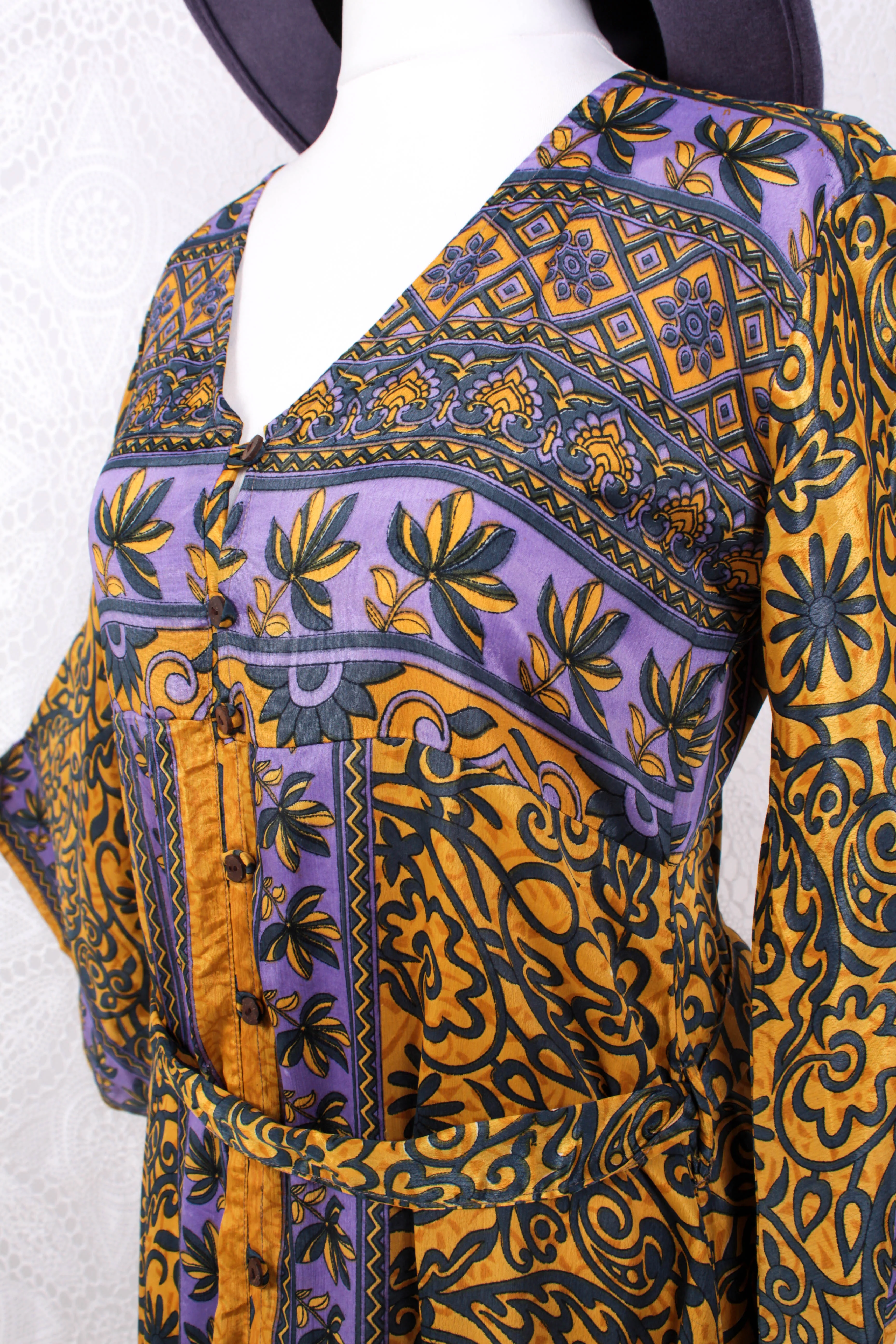 Jasmine Maxi Dress - Lemon & Lavender Flora Nouveau Vintage Sari - Size S/M - Image 3