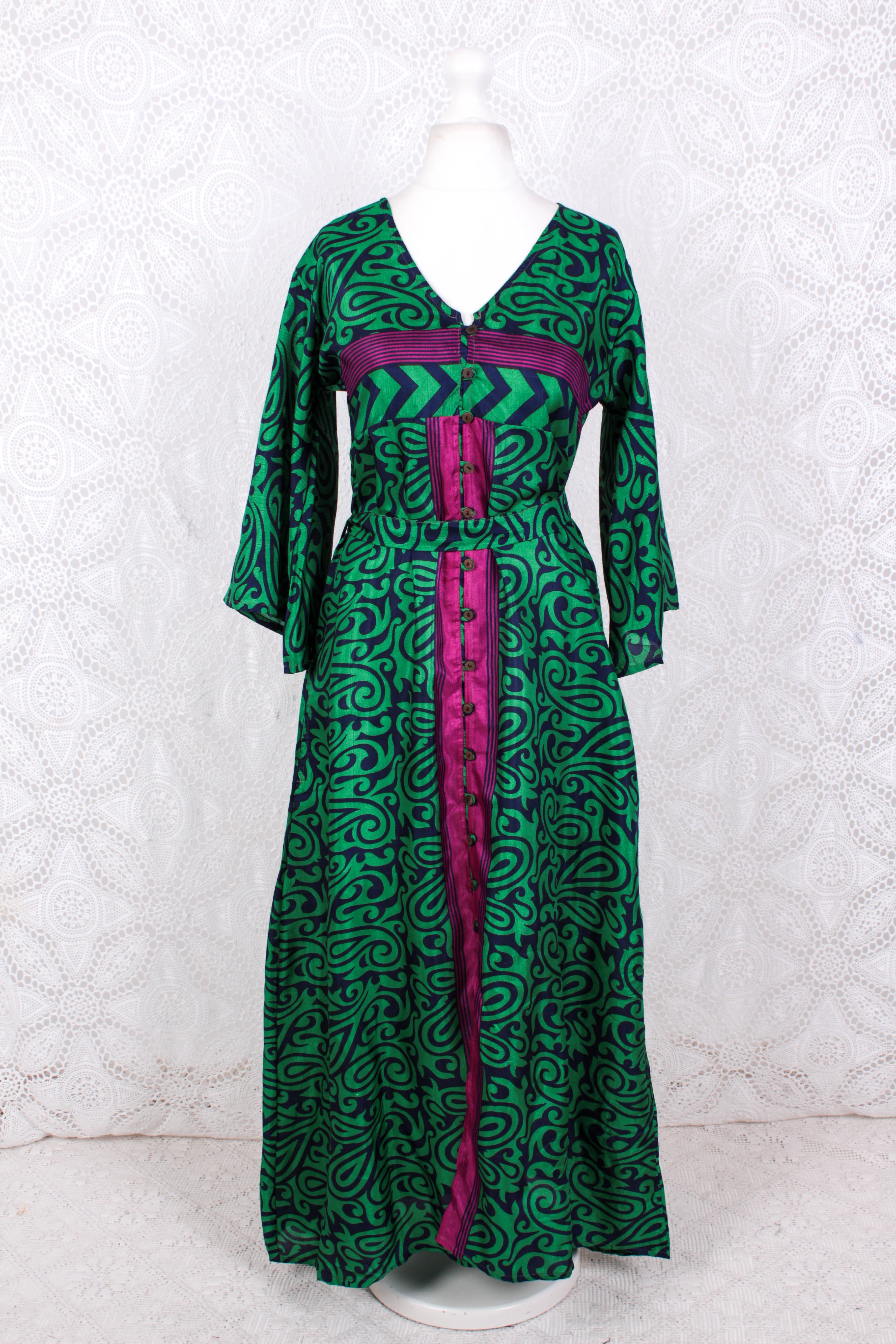 Jasmine Maxi Dress - Bright Emerald, Navy & Fuchsia Paisley Vintage Sari - Size S/M - Image 2