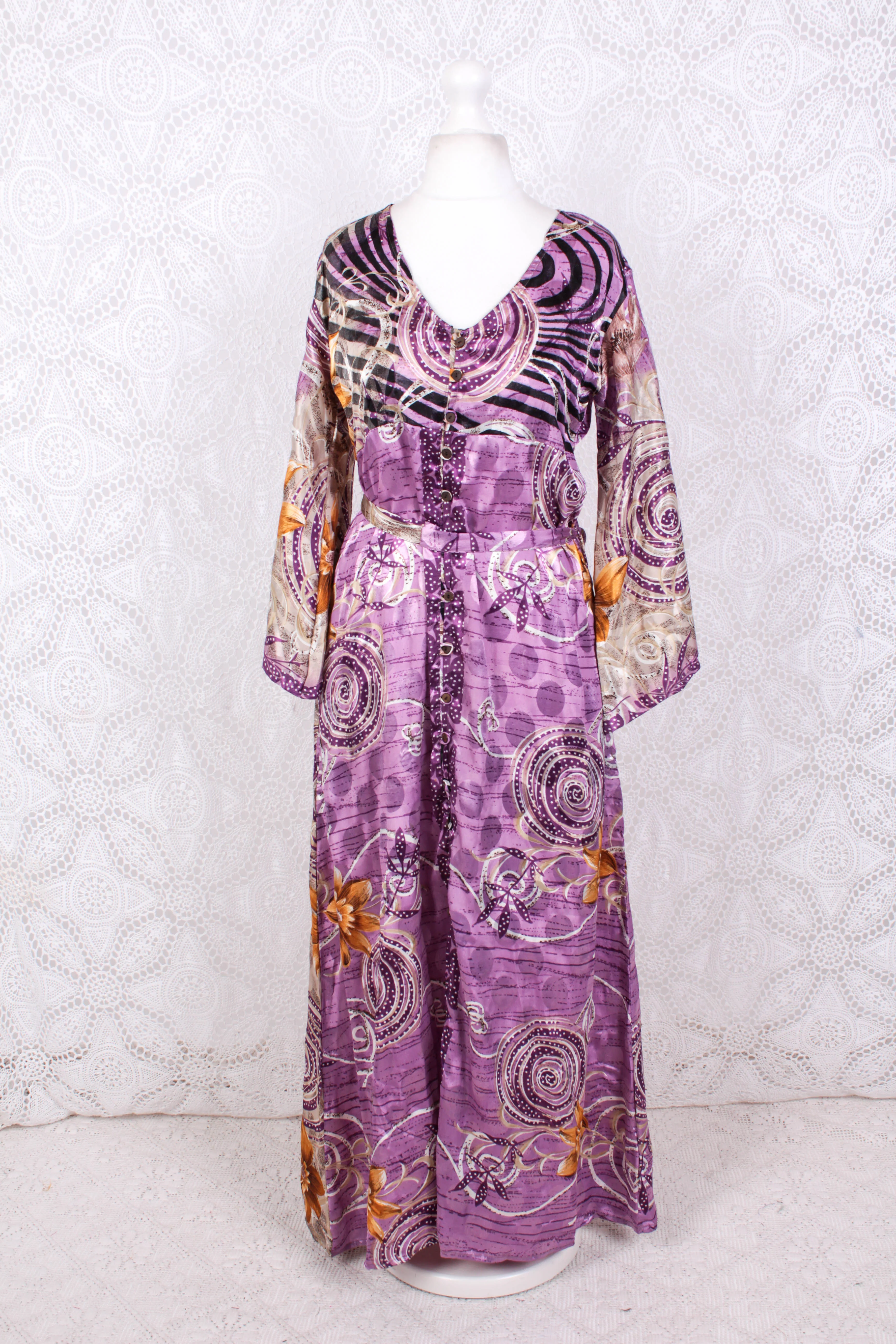 Jasmine Maxi Dress - Mauve Shimmer Floral Vintage Sari - Size S/M - Image 2