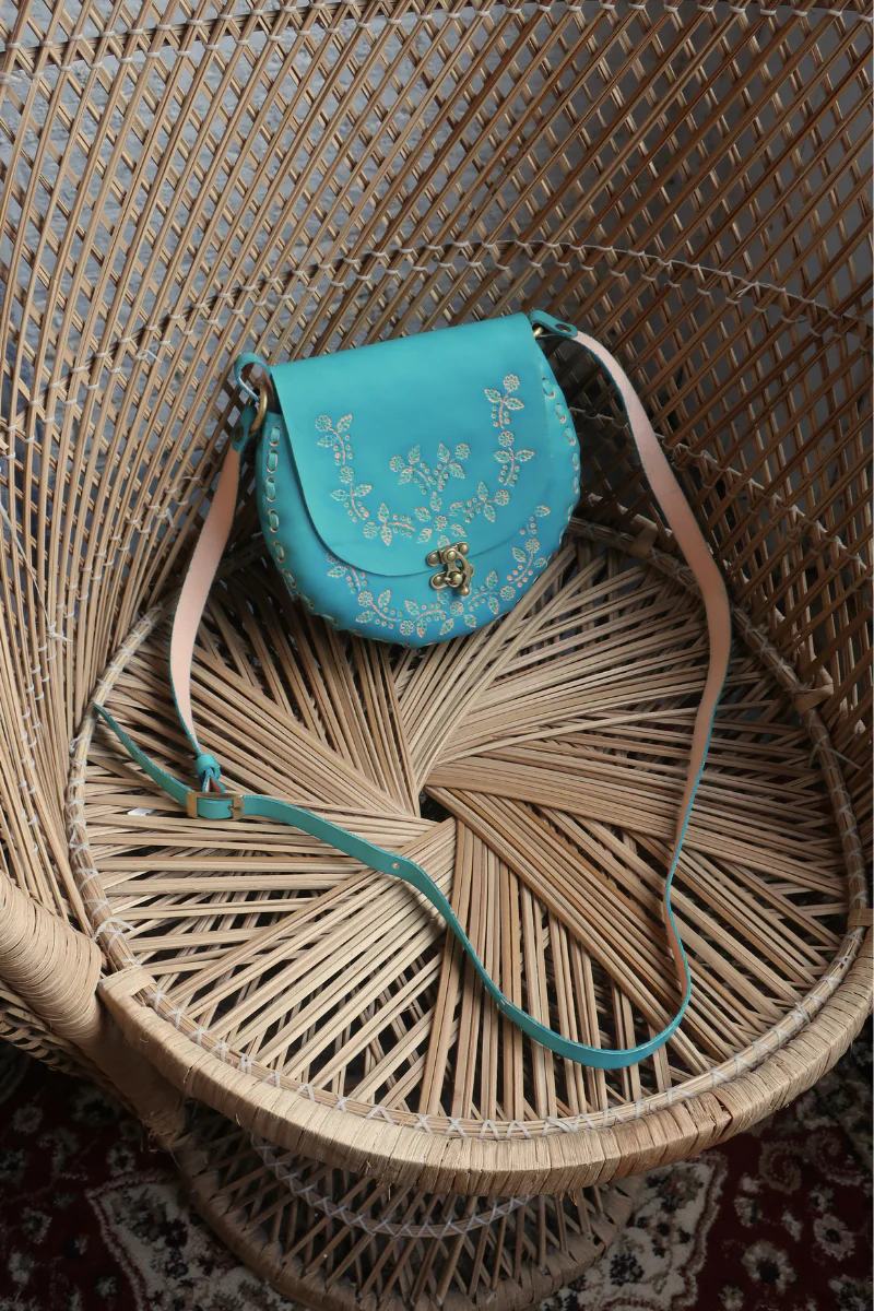 Jemima Embossed Saddle Bag in Aquamarine Blue - Image 2