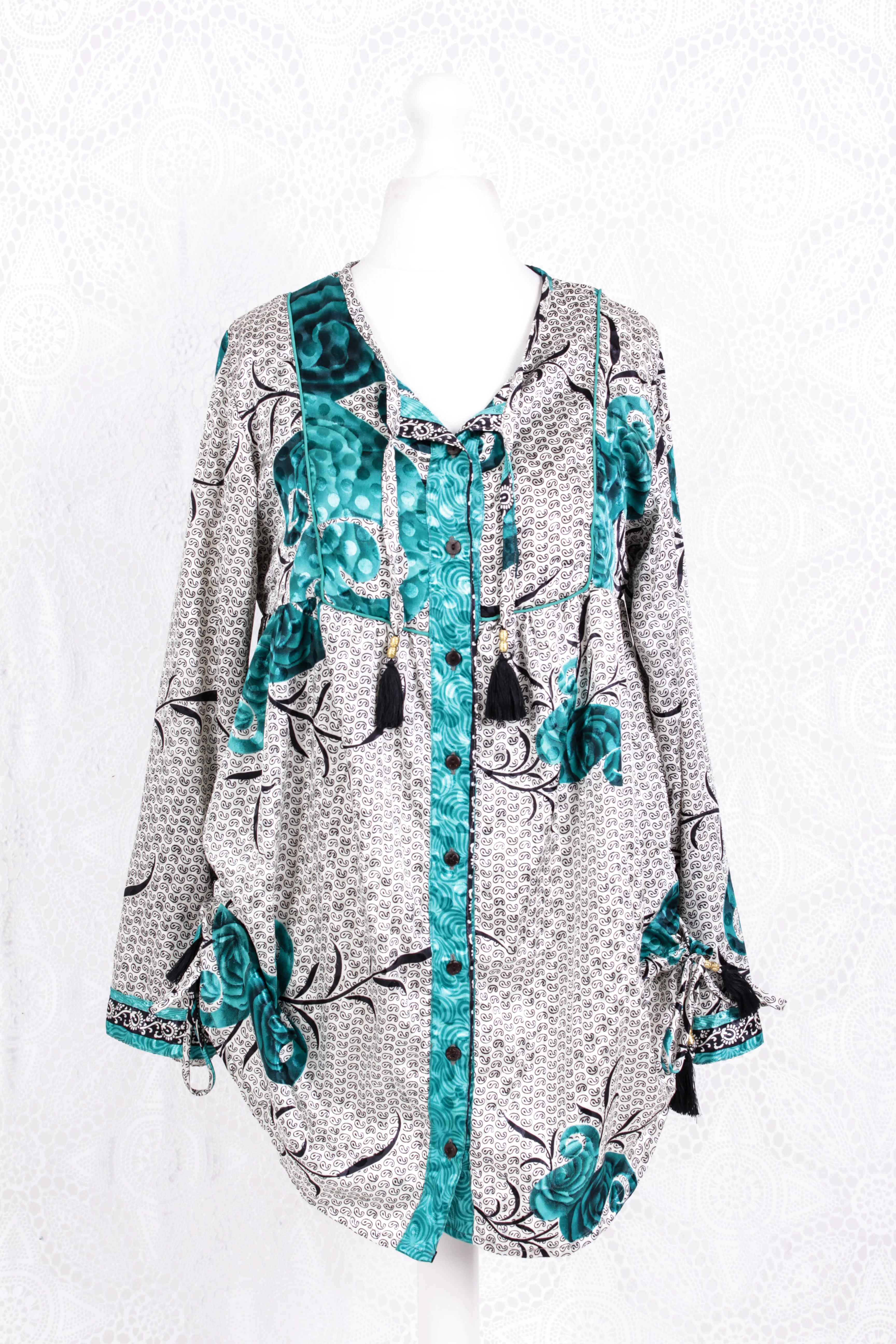 Jude Tunic Top - Vintage Indian Sari - White Teal & Jet Roses (S/M) - Image 3