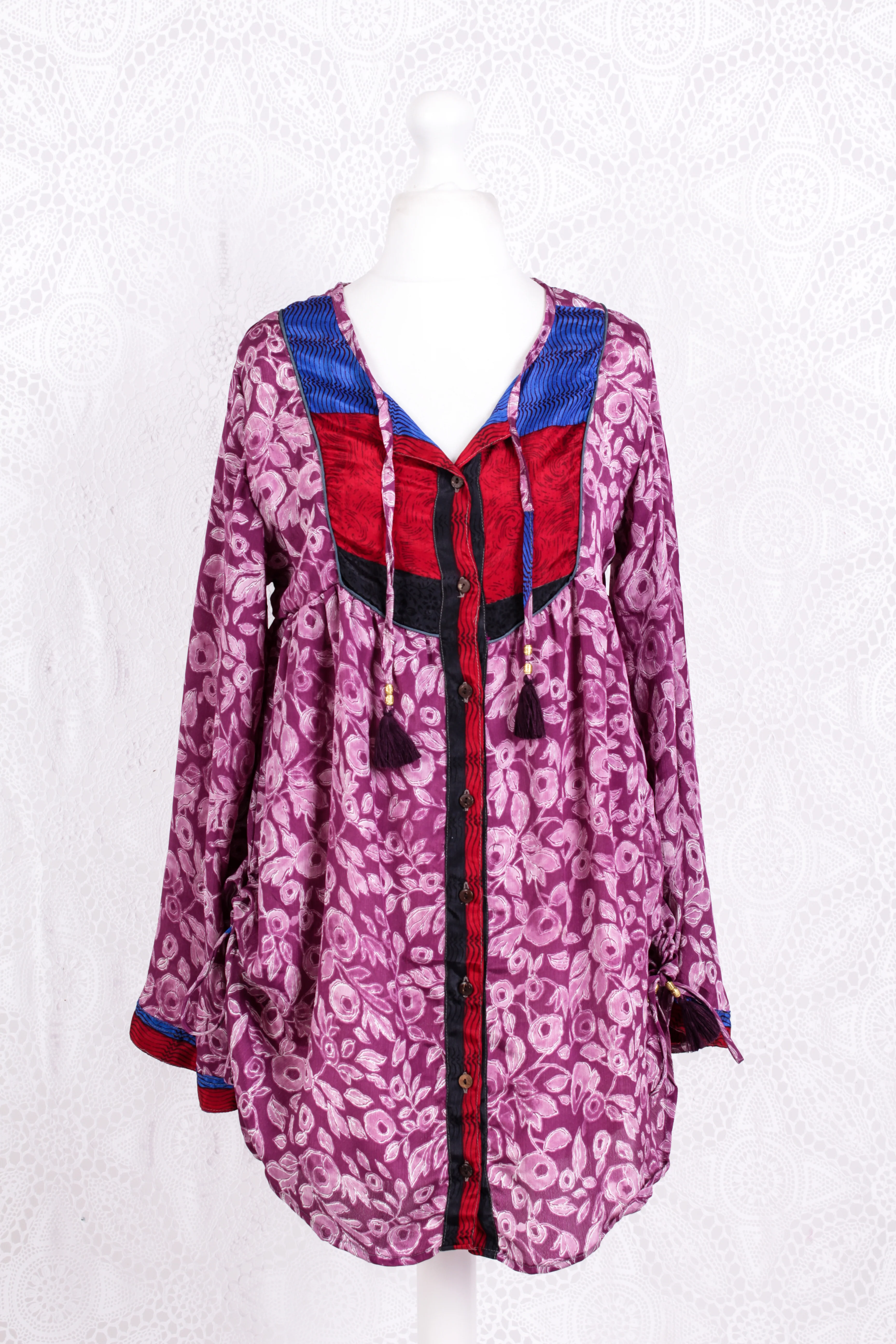 Jude Tunic Top - Vintage Indian Sari - Mauve Magenta Floral (S/M) - Image 2