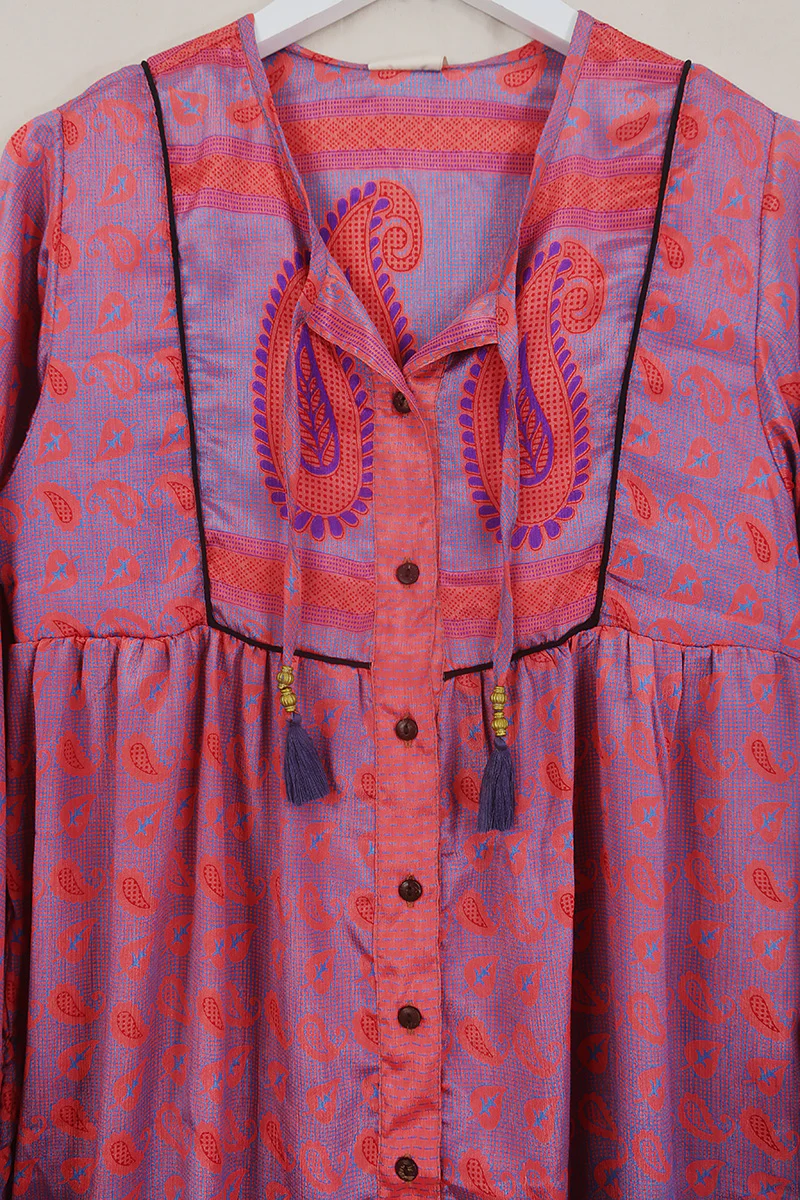 Jude Tunic Top - Pink Opal Paisley - Vintage Indian Sari - Size S - Image 2