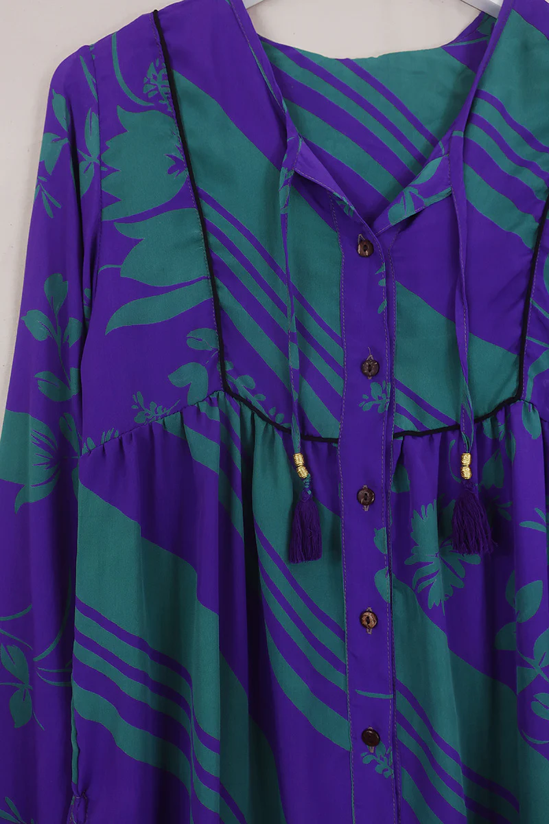 Jude Tunic Top - Jewelled Purple & Jade Floral - Vintage Indian Sari - Size XS - Image 2