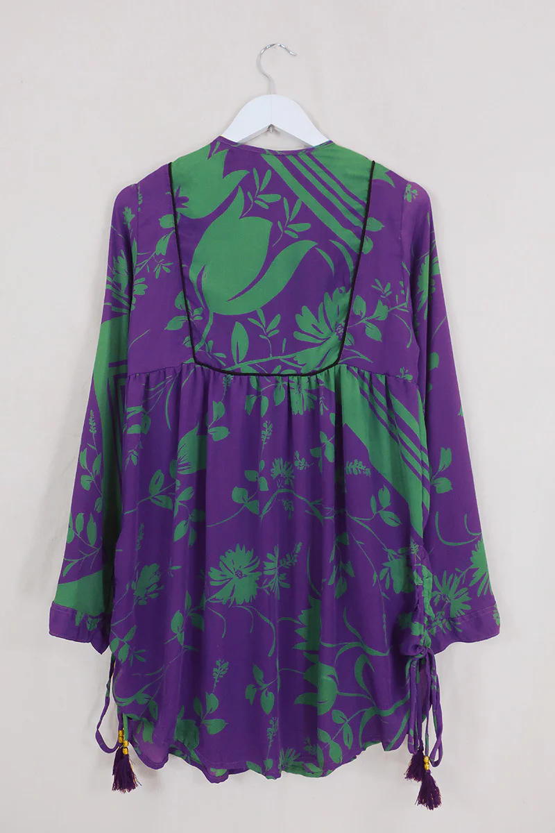 Jude Tunic Top - Jewelled Purple & Jade Floral - Vintage Indian Sari - Size XS - Image 3