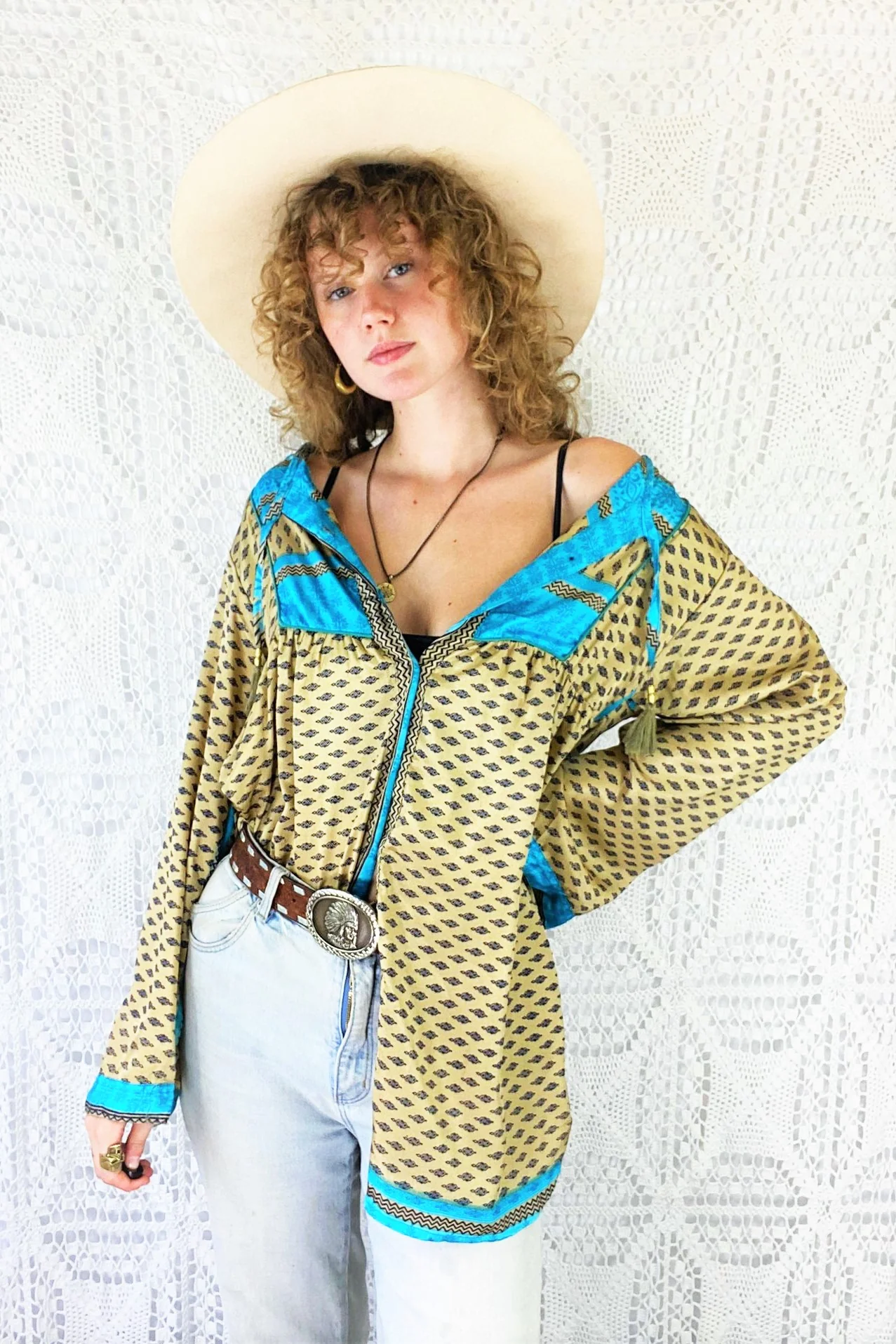 Jude Tunic Top - Vintage Indian Sari - Champagne, Sapphire & Turquoise Motif - S/M - Image 2