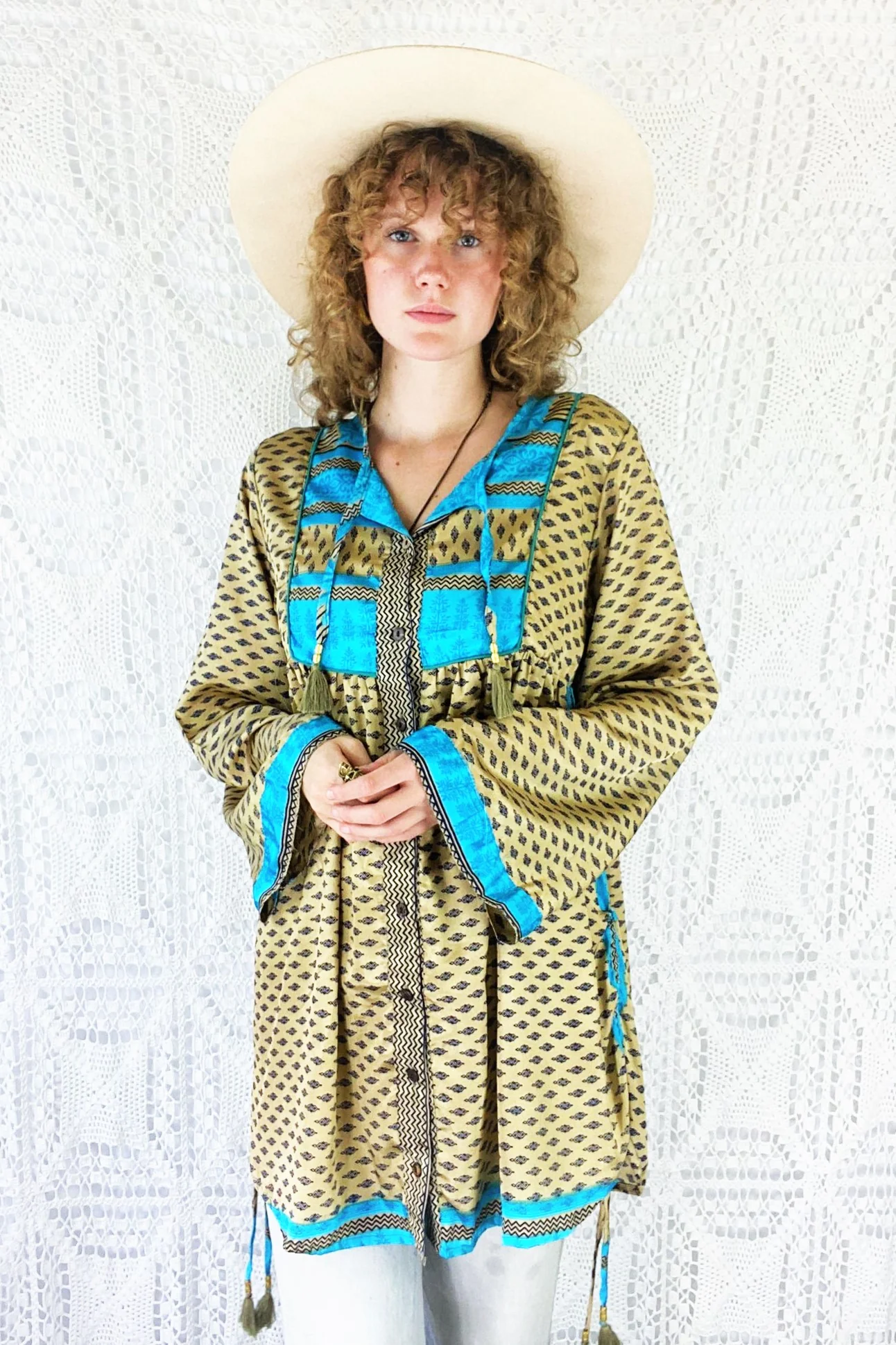 Jude Tunic Top - Vintage Indian Sari - Champagne, Sapphire & Turquoise Motif - S/M - Image 3