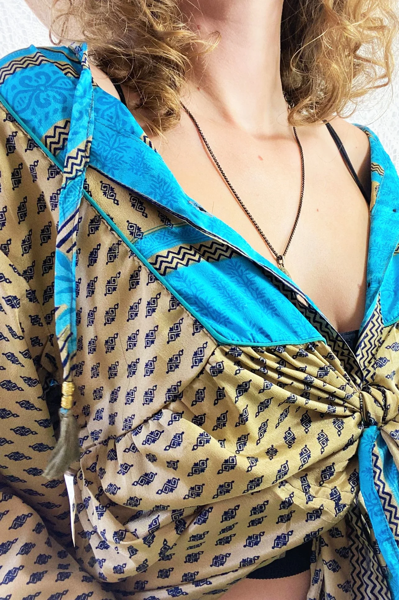 Jude Tunic Top - Vintage Indian Sari - Champagne, Sapphire & Turquoise Motif - S/M - Image 5