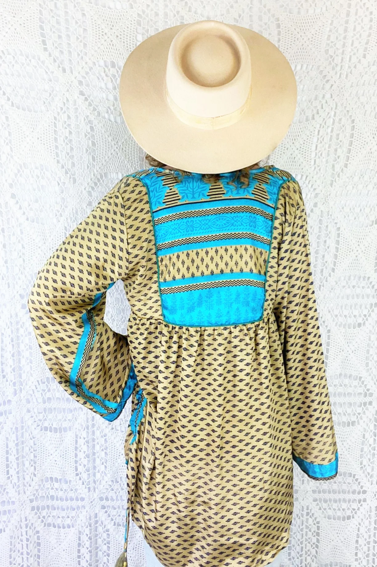 Jude Tunic Top - Vintage Indian Sari - Champagne, Sapphire & Turquoise Motif - S/M - Image 6
