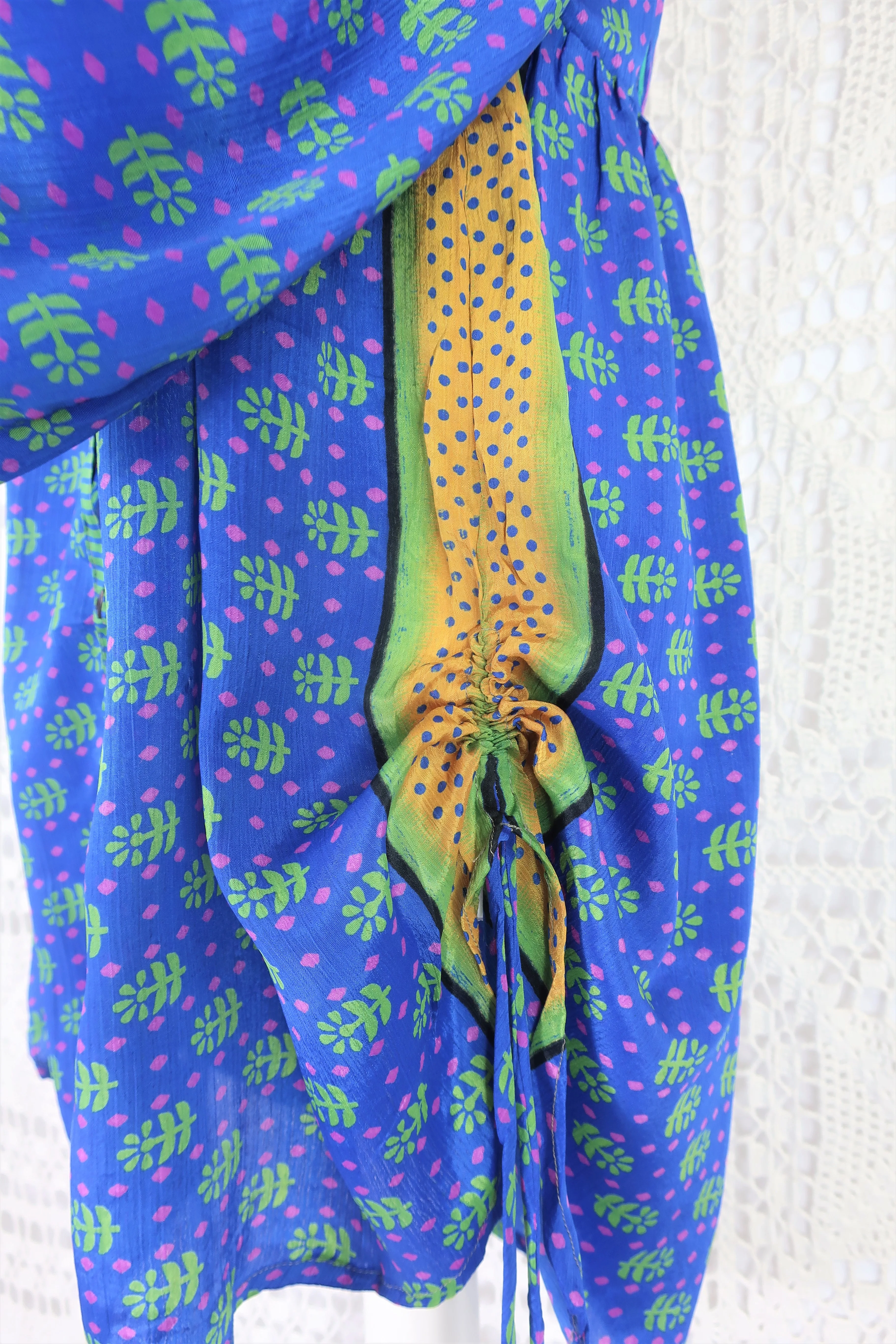 Jude Tunic Top - Vintage Indian Sari - Lapis & Soft Green Floral Tiles - S - Image 6