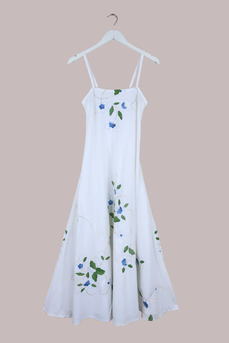 Juliet Vintage Tablecloth Maxi Dress in Moonlit Blue Lilies Embroidery - Image 2