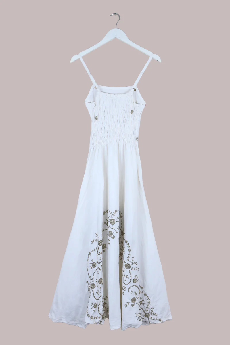 Juliet Vintage Tablecloth Maxi Dress in White & Brass Daisies - Image 3