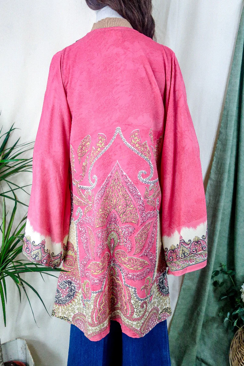 Karina Kimono Jacket - Vintage Sari - Blossom Pink Psychedelic - Free Size S/M - Image 4