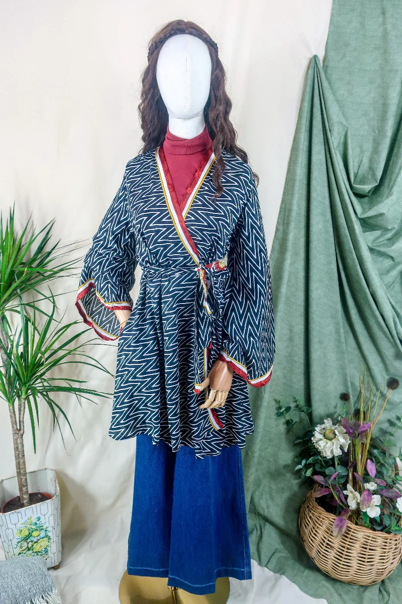 Karina Kimono Jacket - Vintage Sari - Midnight Chevron & Red Paisley - Free Size S/M - Image 2