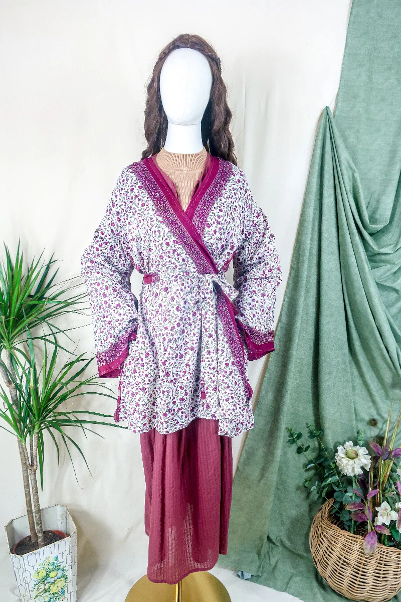 Karina Kimono Jacket - Vintage Sari - Salt White & Rosehip Wildflower - Free Size S/M - Image 2