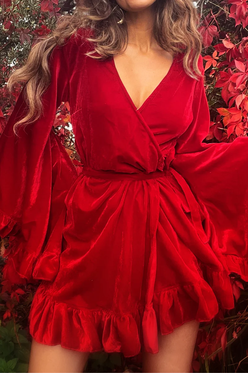 Khroma Venus Mini Wrap Dress in Persephone Red Velvet - Image 3
