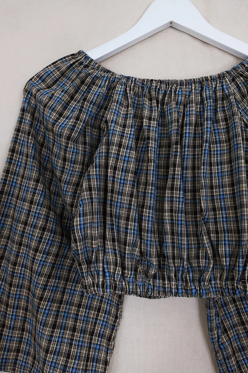 Kitty Reclaimed Crop Top in Cobalt & Sand Gingham - Free Size S - Image 2