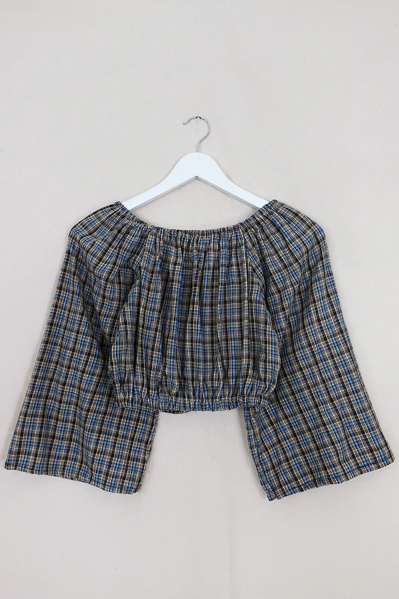 Kitty Reclaimed Crop Top in Cobalt & Sand Gingham - Free Size S - Image 3