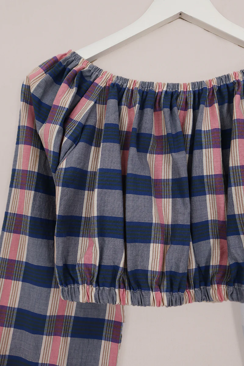 Kitty Reclaimed Crop Top in Baby Pink & Blue Check - Free Size L - Image 2