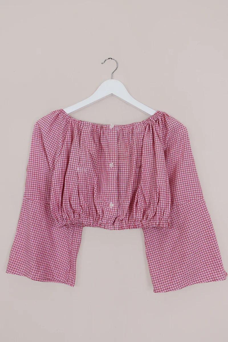 Kitty Reclaimed Crop Top in Berry Pink Miniature Gingham - Free Size L