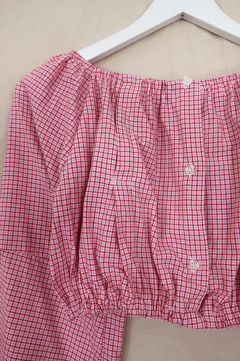 Kitty Reclaimed Crop Top in Berry Pink Miniature Gingham - Free Size L - Image 2